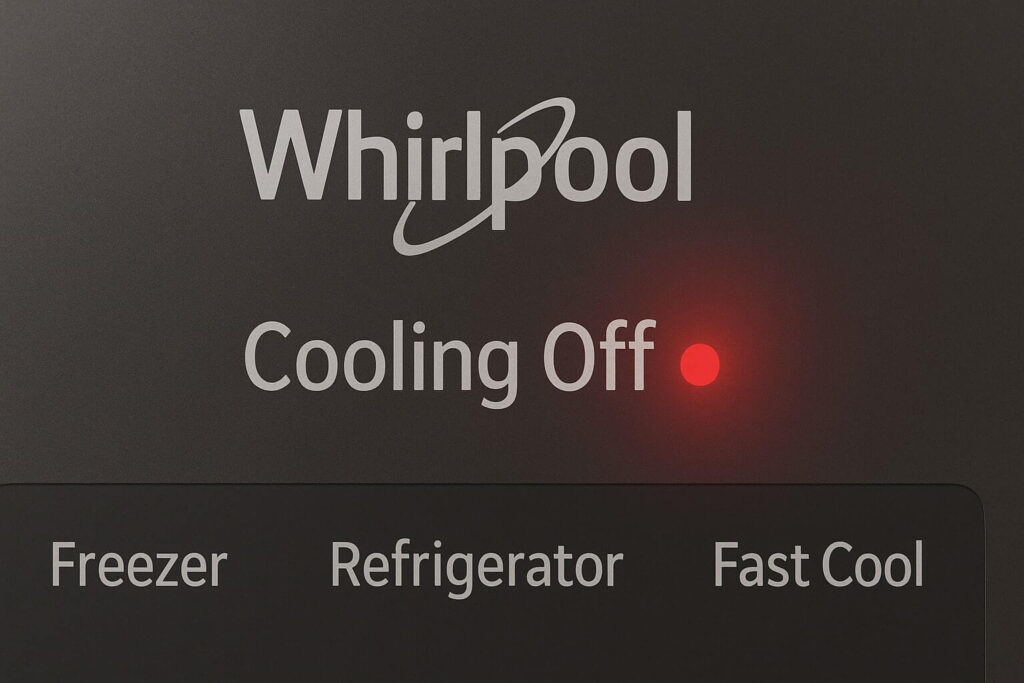 Whirlpool refrigerator control panel with the Cooling Off light illuminated.