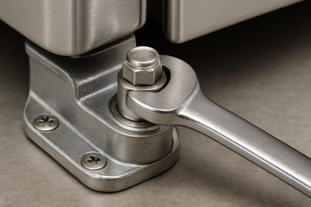 Using a wrench to adjust the bottom hinge nut of a refrigerator door to fix uneven alignment.