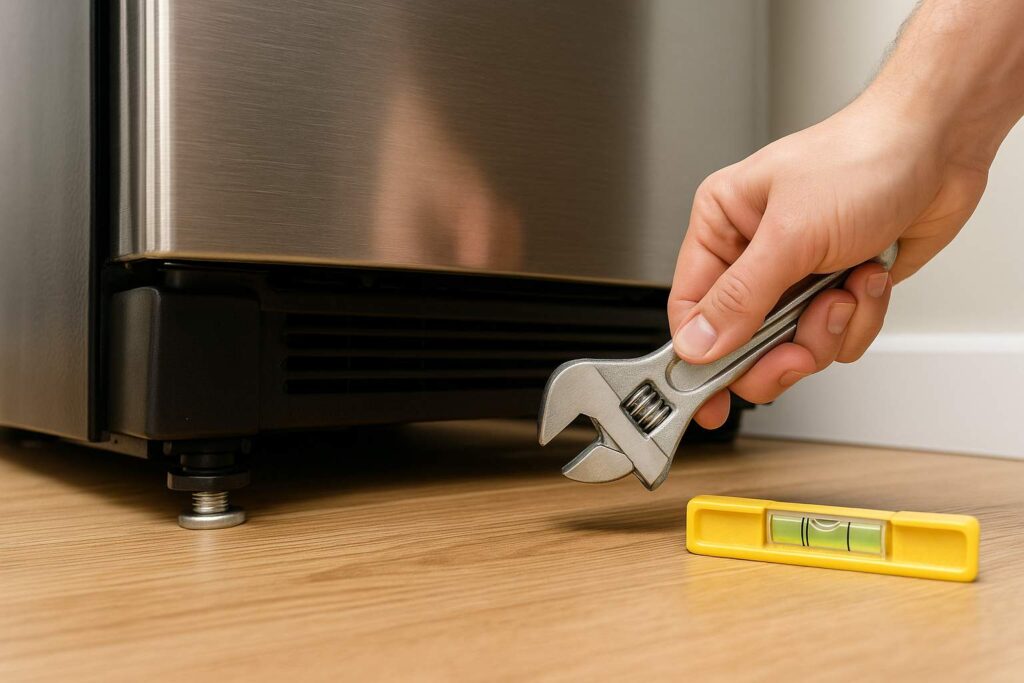 Using a wrench to adjust refrigerator leveling legs to stop it from vibrating loudly.