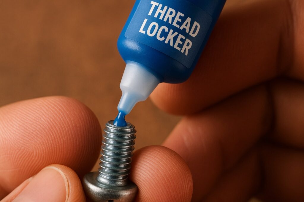 Applying blue thread locker to a refrigerator handle screw to prevent it from loosening.