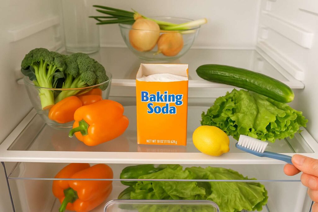 An open box of baking soda in a fridge shelf to absorb odors.