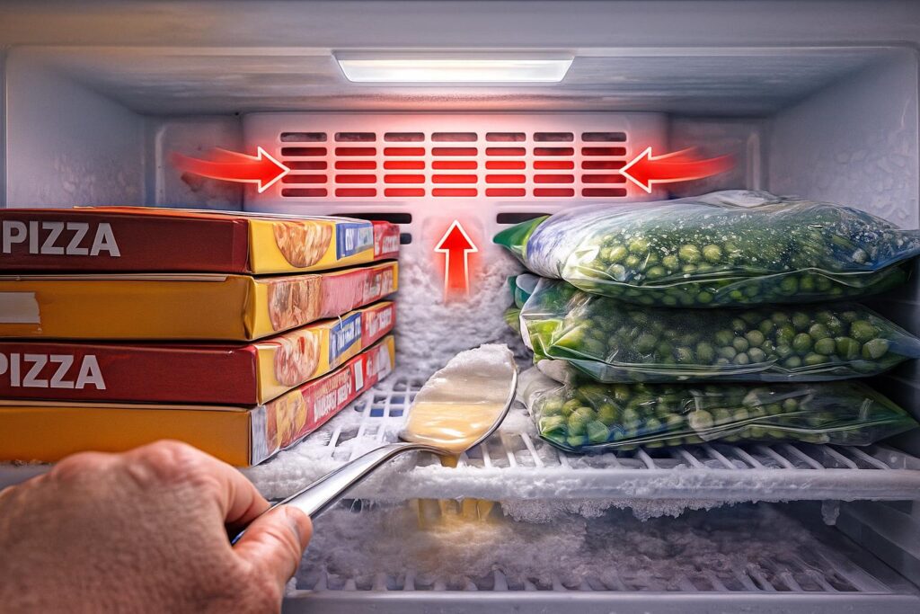 An instructional interior shot of a freezer shelf. Large, colorful boxes of frozen pizza and bags of vegetables are shoved aggressively against the back wall of the freezer, completely covering the slotted plastic air vents. Use visual cues like a subtle red glow or arrows around the blocked vents to show airflow restriction. Clear, bright lighting.