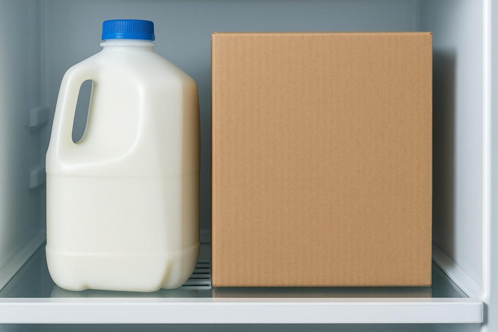 Food items pushed tight against the back wall of a refrigerator, blocking the cooling vents.