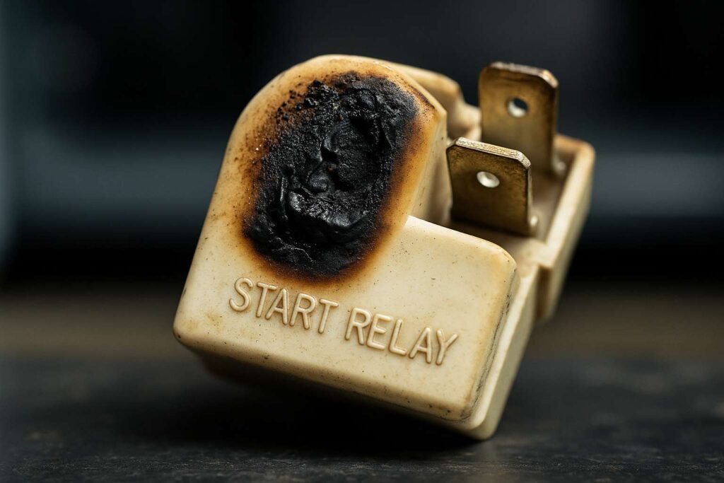 A burnt and melted refrigerator start relay, the source of a burning plastic smell.
