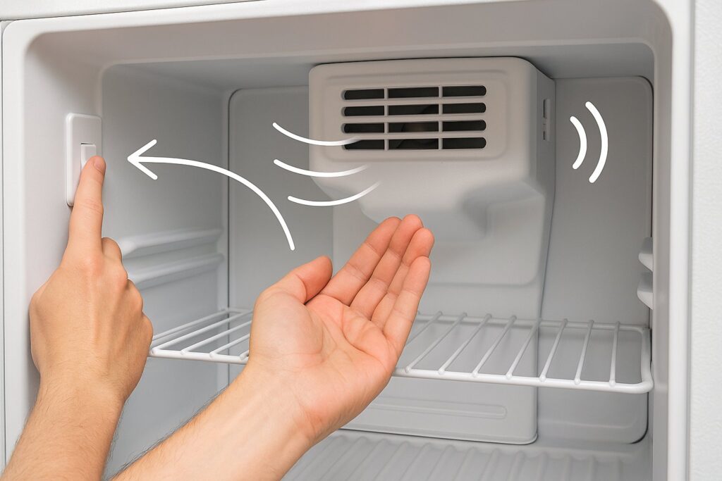 Checking the evaporator fan motor inside the freezer to solve a refrigerator not cooling issue.