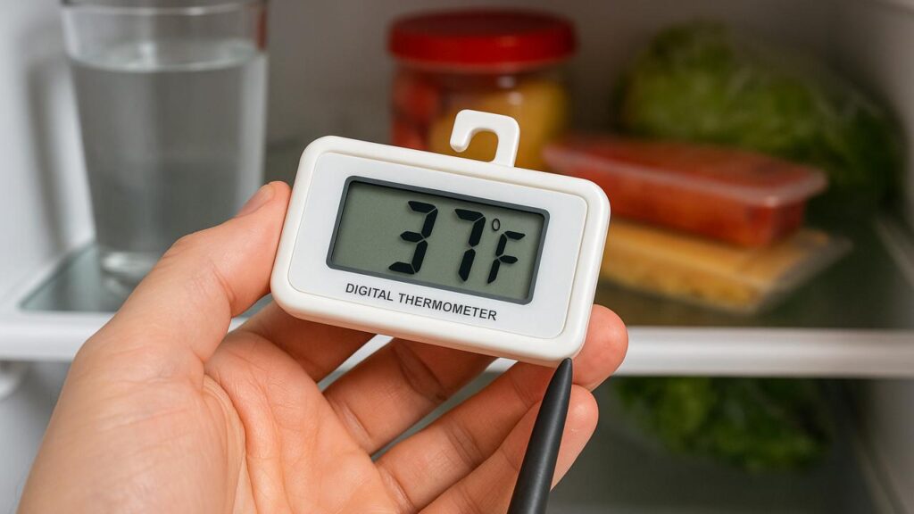 Checking refrigerator temperature with a thermometer to ensure the gurgling noise isn't a cooling failure.