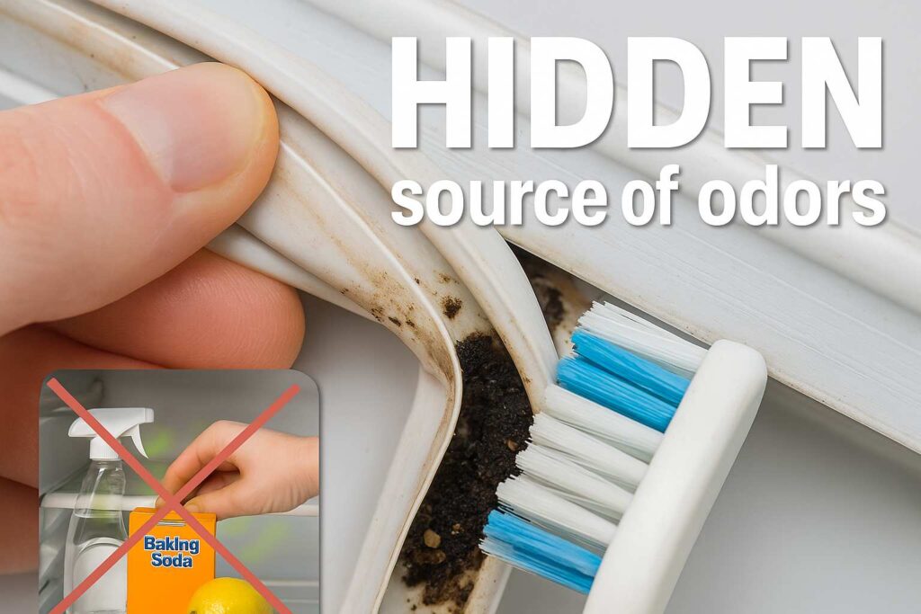 Pulling back a refrigerator door gasket to reveal and clean hidden mold causing smells.