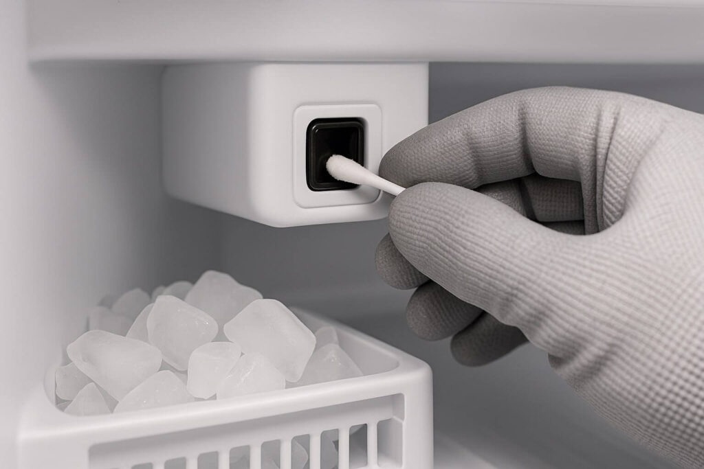 A gloved hand using a cotton swab to clean the small optical sensor lens on the side of a refrigerator ice bin opening.