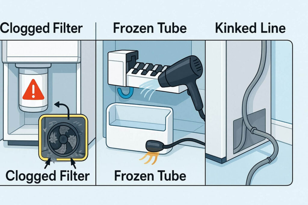 A clogged and dirty refrigerator water filter which can cause an ice maker to stop working or make small ice.