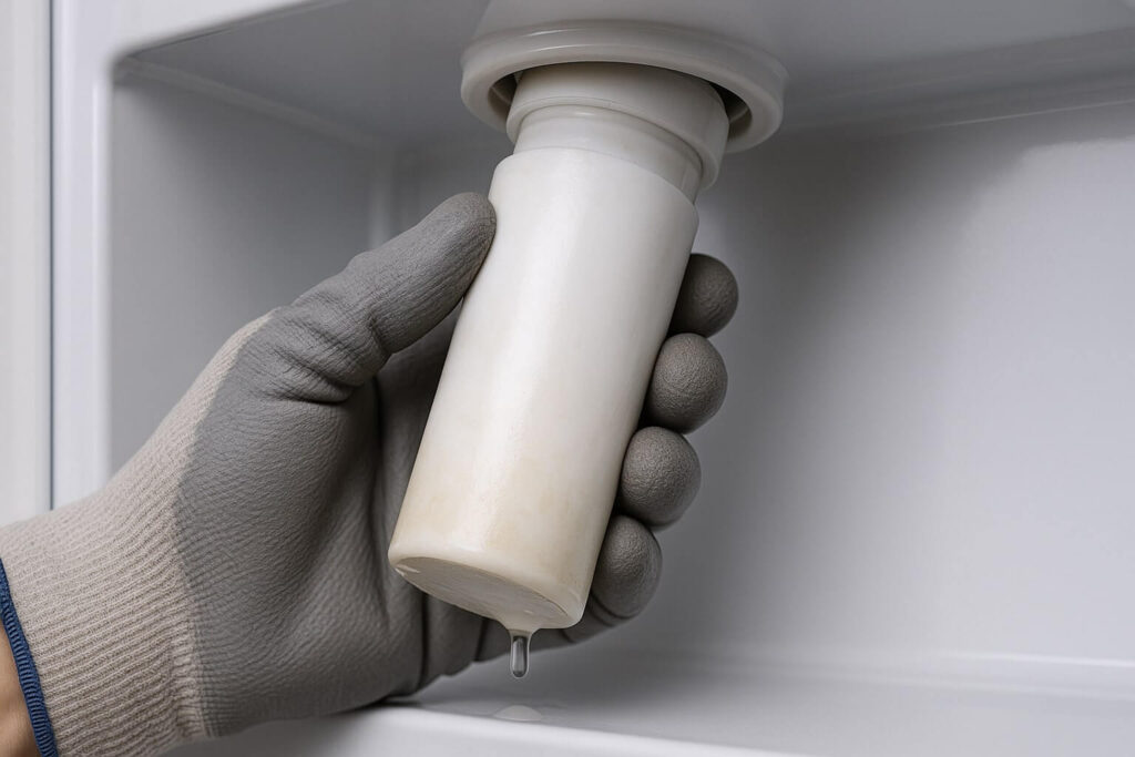 A person's hand twisting a dirty, old refrigerator water filter out of its housing in the fridge.