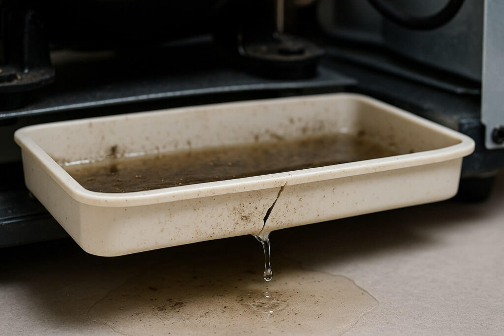 A close-up of a dirty, cracked plastic drain pan located under a refrigerator, showing water leaking from the crack.