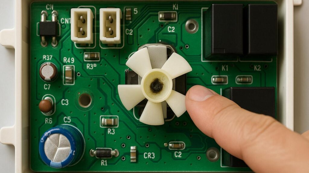 A damaged refrigerator control board with visible burn marks from a power surge.