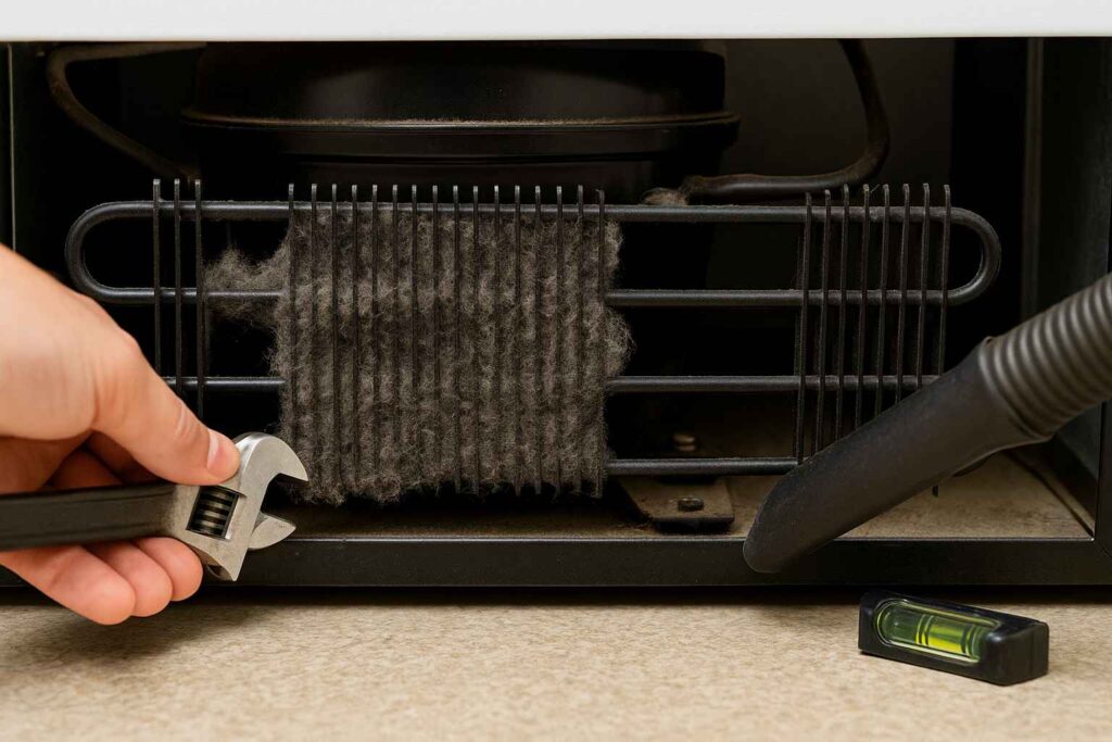 Thick dust on refrigerator condenser coils causing the compressor to make a buzzing noise.