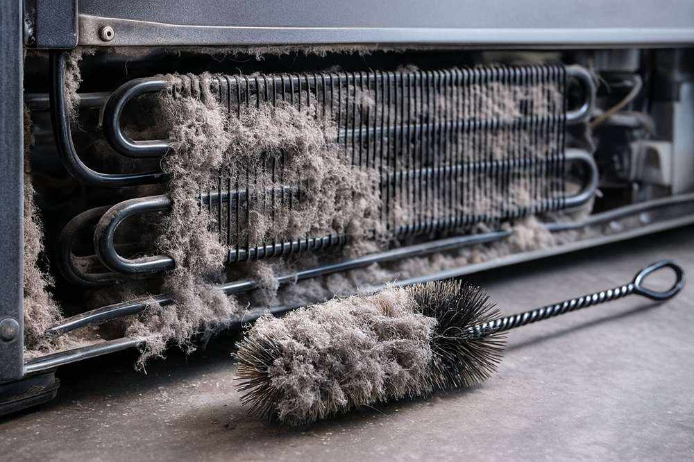 Dusty condenser coils causing a refrigerator to run without cooling.