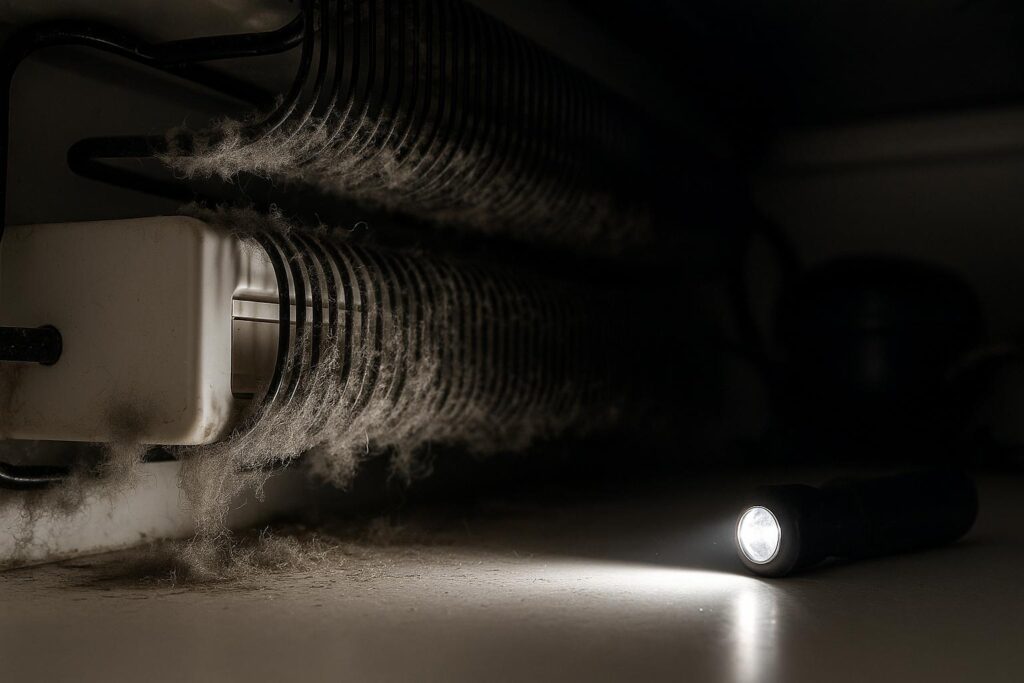 Dirty condenser coils causing the compressor to run constantly and result in a refrigerator freezing food