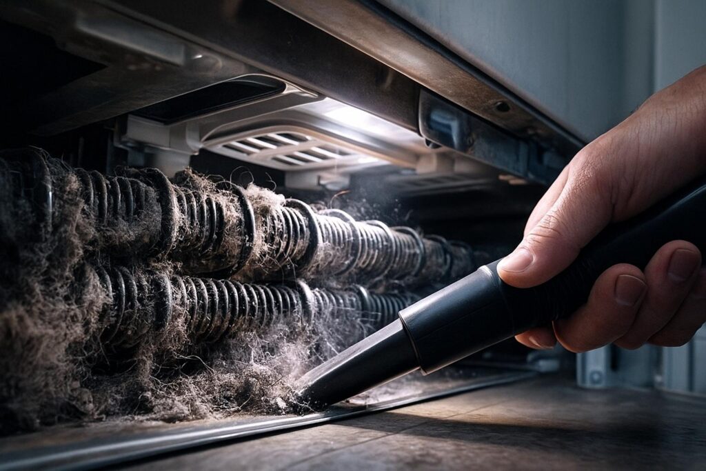 Dirty condenser coils under a fridge coated in thick dust, preventing proper cooling and causing a freezer not to freeze.