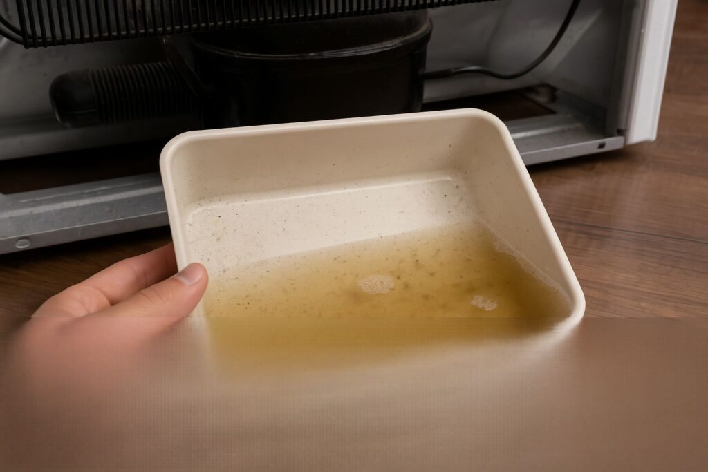 A dirty, water-filled refrigerator drip pan removed from under the fridge, a source of bad smells.