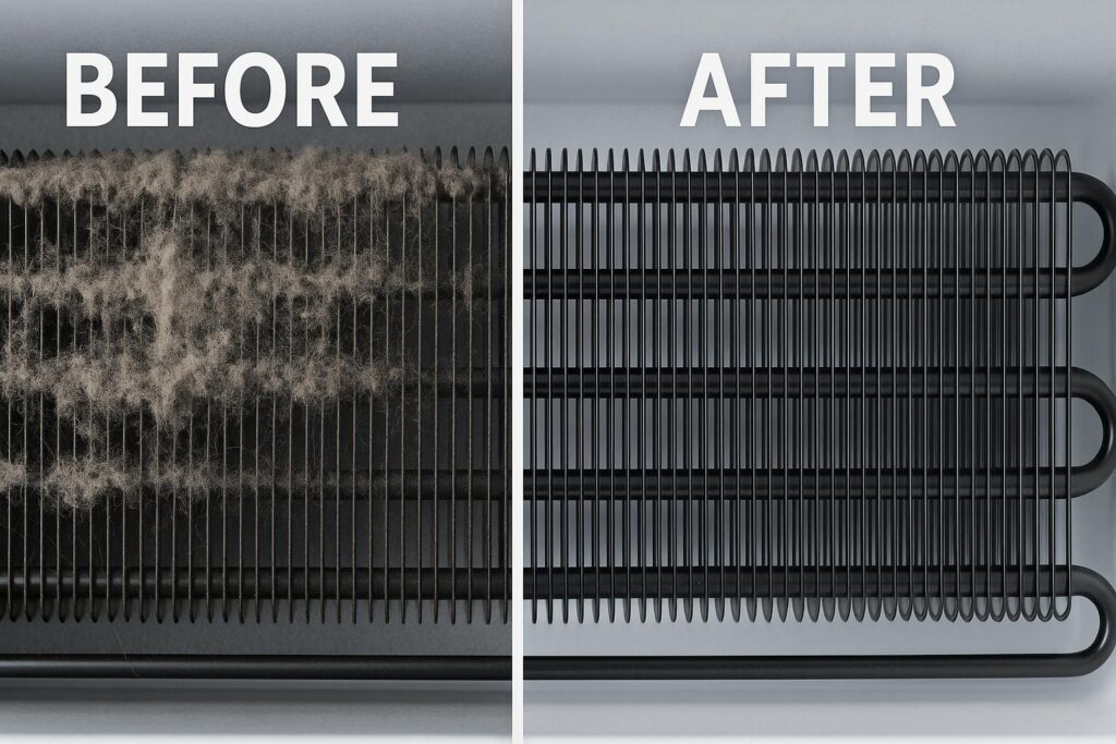 A before-and-after comparison of dirty refrigerator condenser coils versus clean coils, causing it to run constantly.