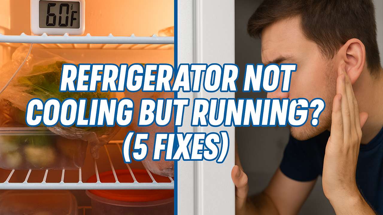 A split screen showing a warm fridge interior and a person listening to the compressor running,