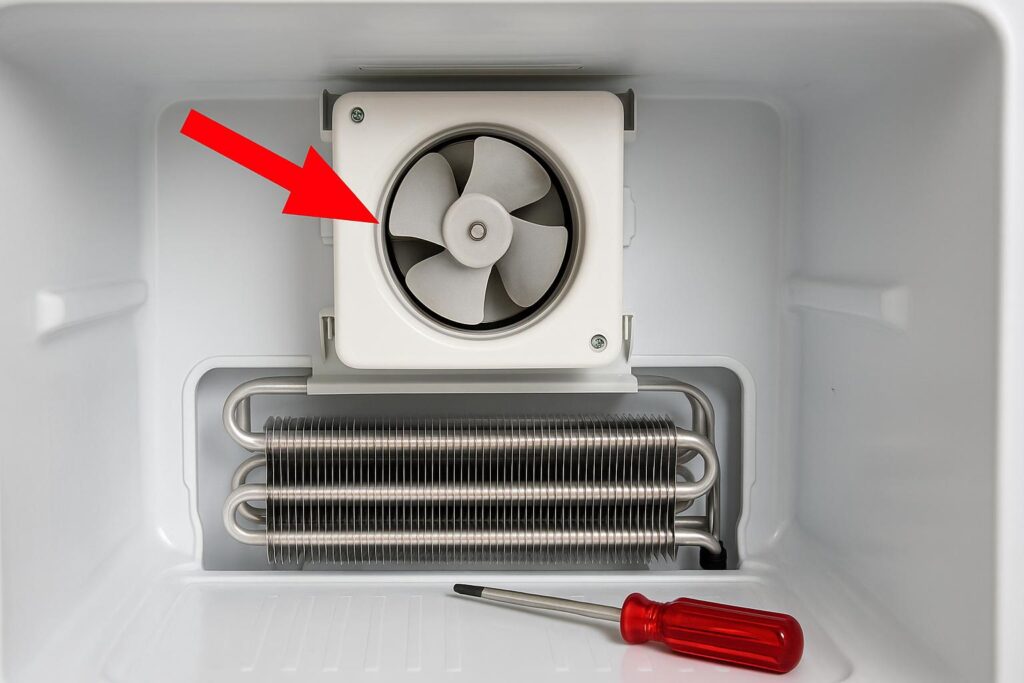 The location of the evaporator fan motor behind the back panel of a freezer.