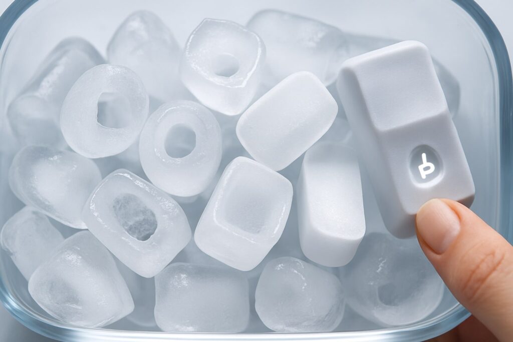 Close-up examples of small, misshapen, and hollow ice cubes, some broken, in an ice bin.