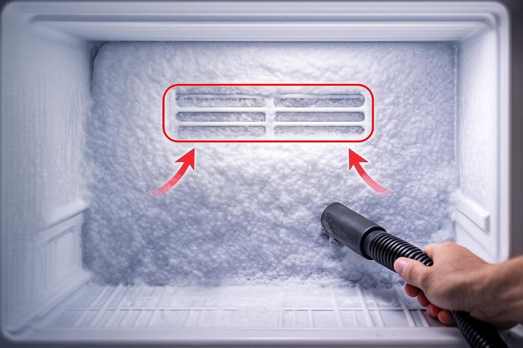 Heavy frost and ice buildup on the back panel of a freezer, indicating a defrost system failure.