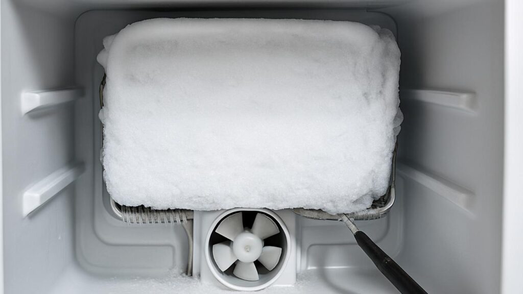 Evaporator coils frozen over with ice, preventing the refrigerator from cooling.