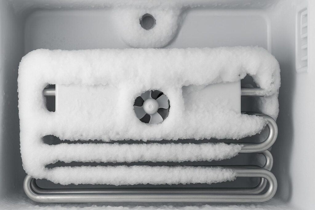 Refrigerator evaporator coils completely covered in thick white frost, blocking airflow and causing the refrigerator to be not cold.