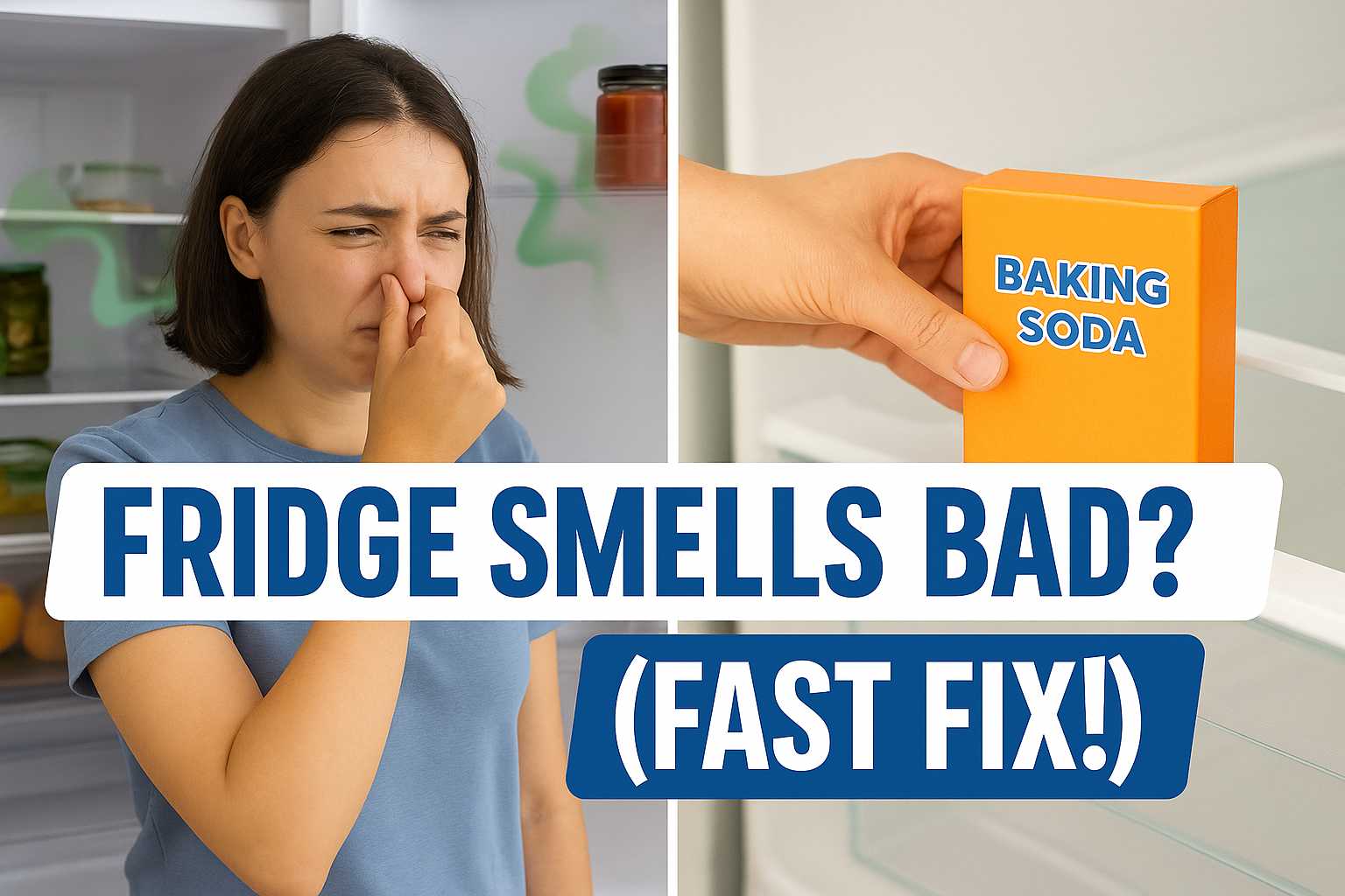 A person holding their nose in front of an open smelly fridge, next to a box of baking soda.