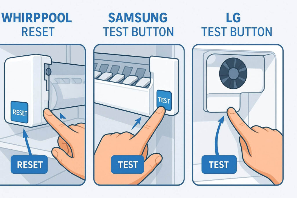 A person's finger pressing the reset or test button on the bottom of an ice maker motor to fix it.