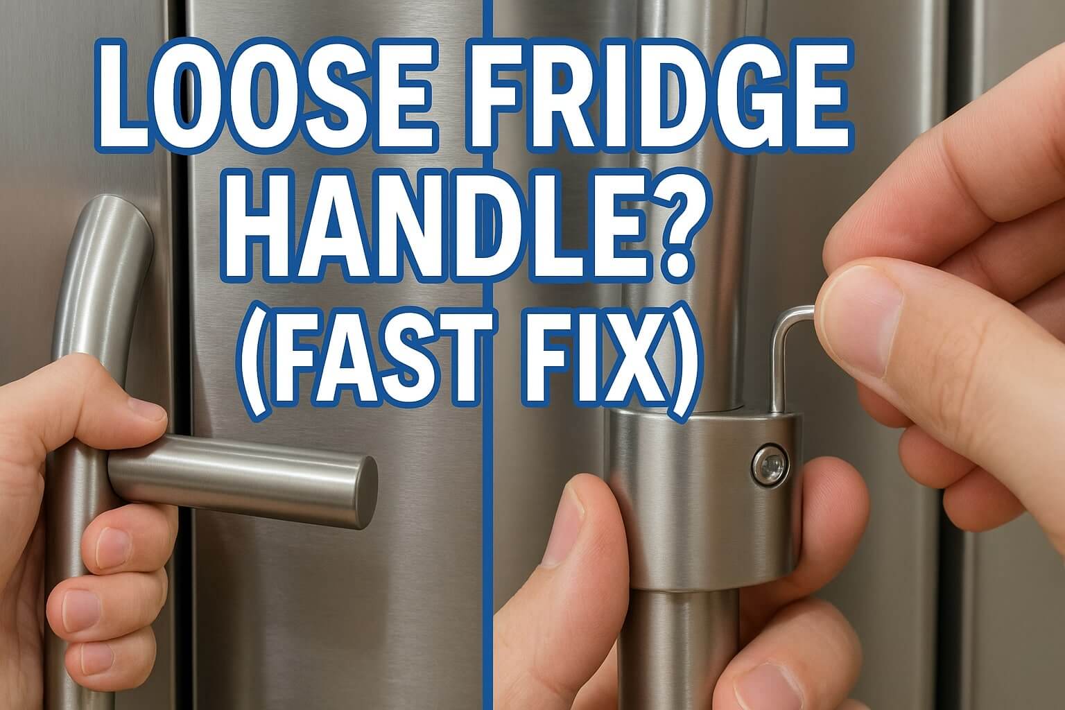 A split screen showing a loose refrigerator handle and a hand using an Allen wrench to tighten it, with text "LOOSE FRIDGE HANDLE? FAST FIX".