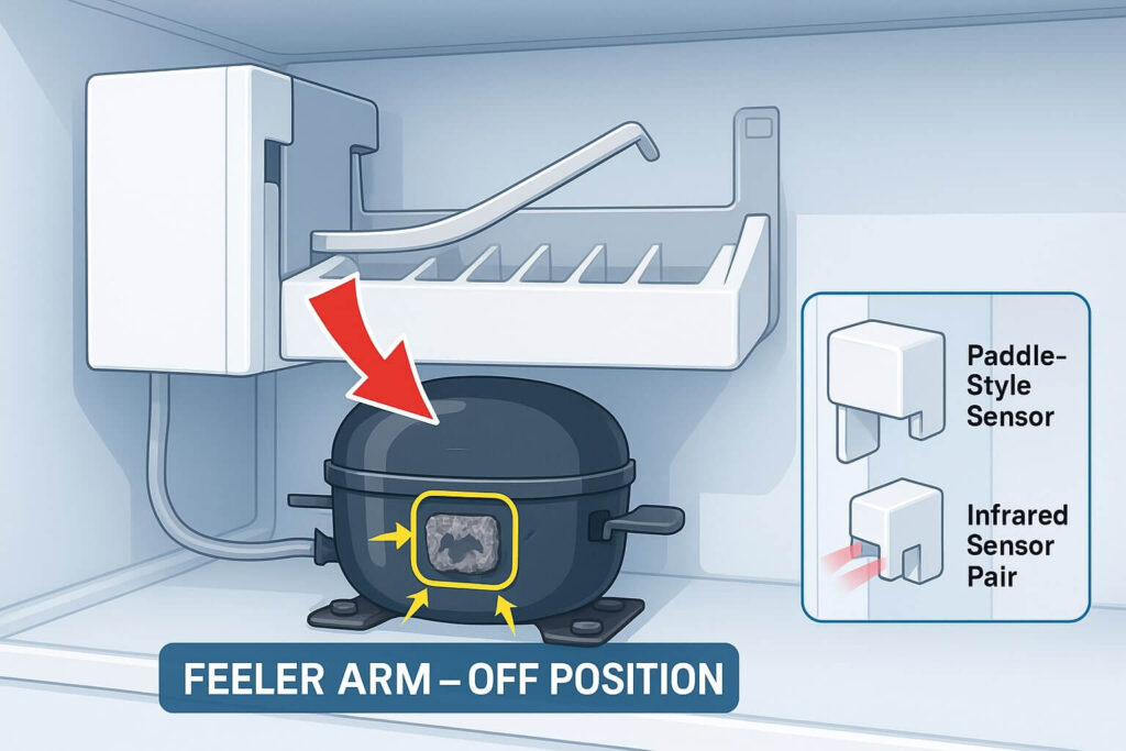 An ice maker's metal feeler arm locked in the 'up' or 'off' position, which stops the ice maker from making ice.
