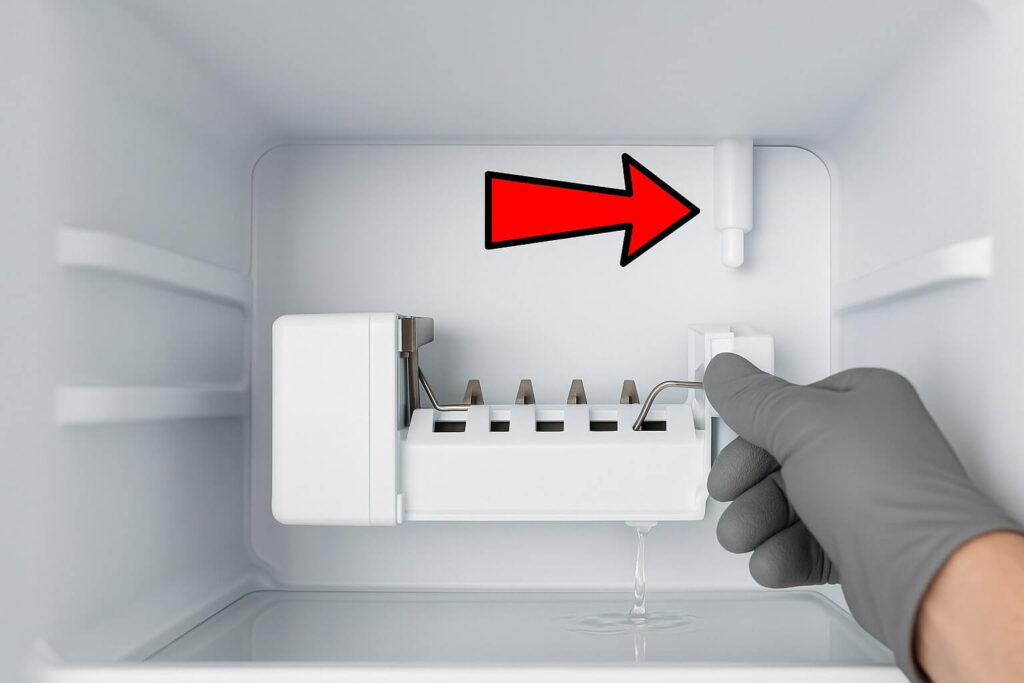 Locating the ice maker fill tube inside the freezer, which often freezes and clogs.