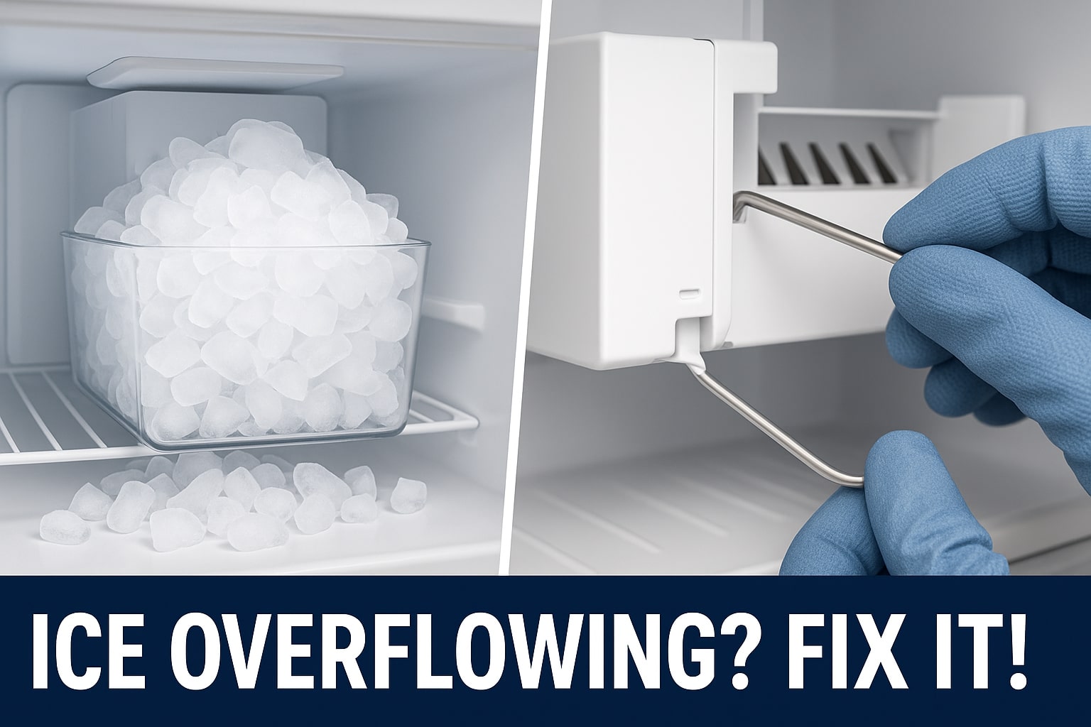 A refrigerator freezer with an overflowing ice bin, next to a hand adjusting the ice maker feeler arm.