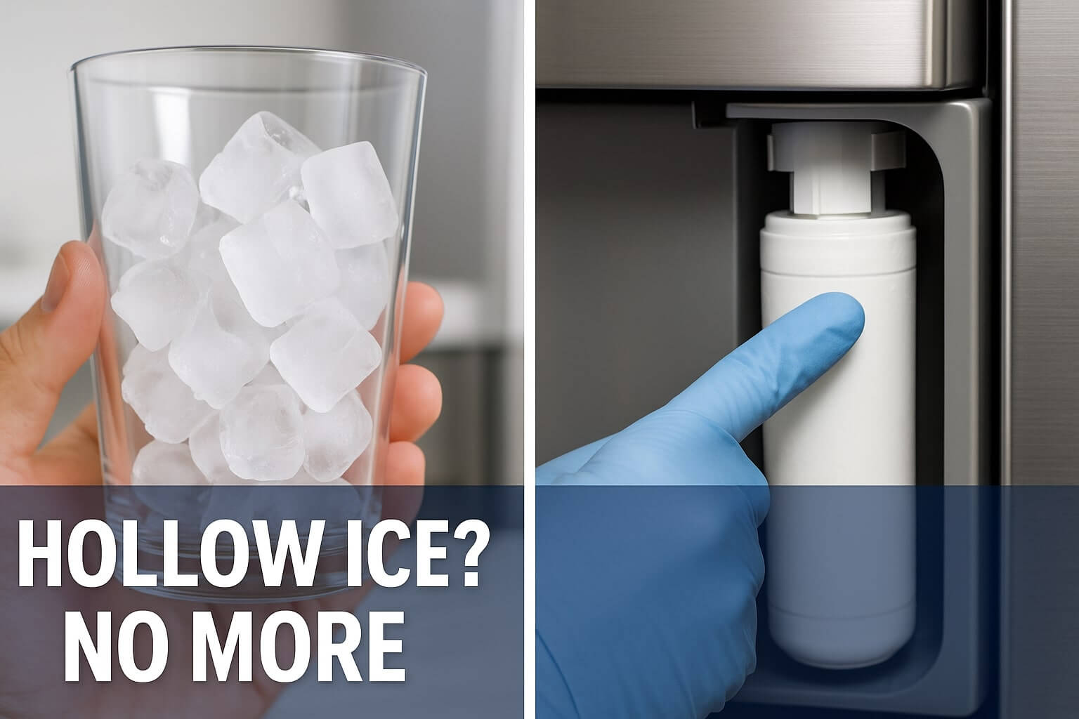 A glass filled with small, hollow ice cubes next to a hand pointing at a refrigerator water filter, suggesting a fix.