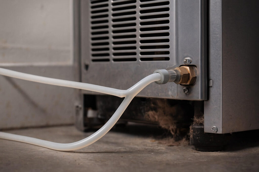 A clear image of a white plastic 1/4-inch water supply line to a refrigerator, severely kinked behind the appliance.
