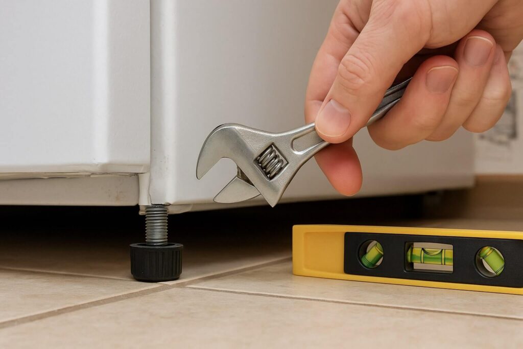 Using a wrench to adjust the leveling feet of a refrigerator to tilt it backward.