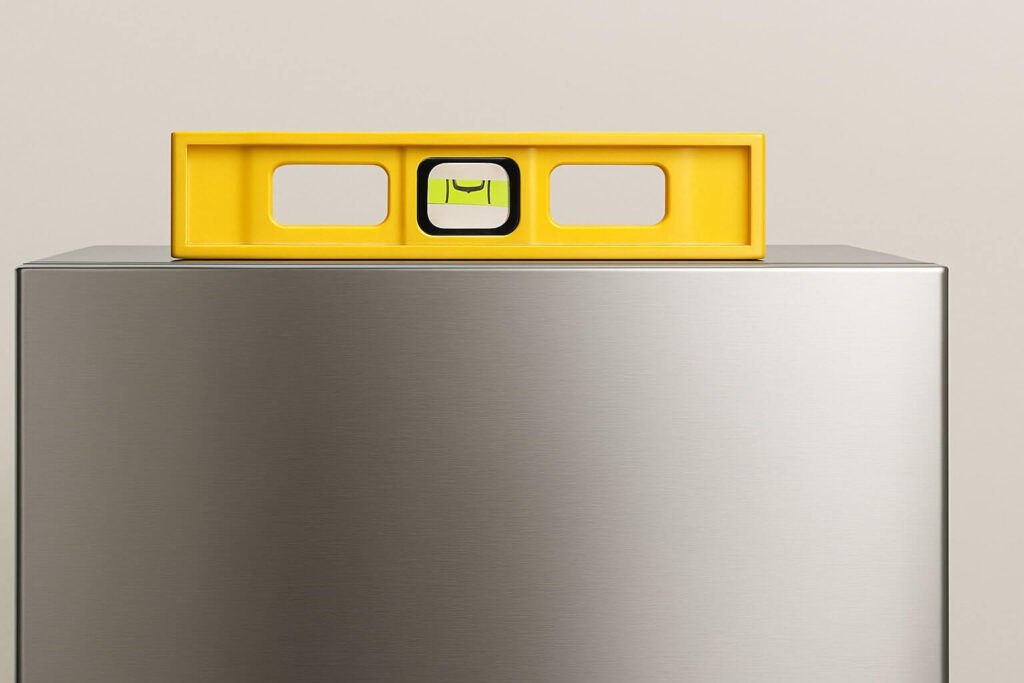 A carpenter's level placed on top of a refrigerator showing a centered bubble for side-to-side alignment.