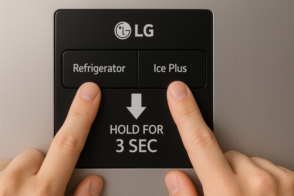 Pressing the Refrigerator and Ice Plus buttons to turn off demo mode on an LG fridge.
