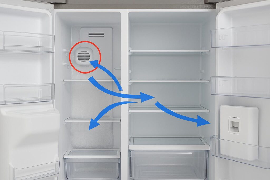 Diagram showing the location of the ice fan motor inside an LG refrigerator.