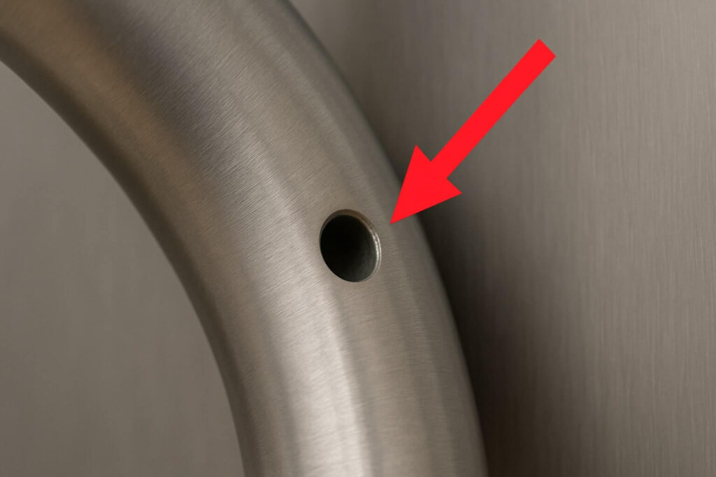 Close up showing the location of the hidden set screw on a refrigerator door handle.