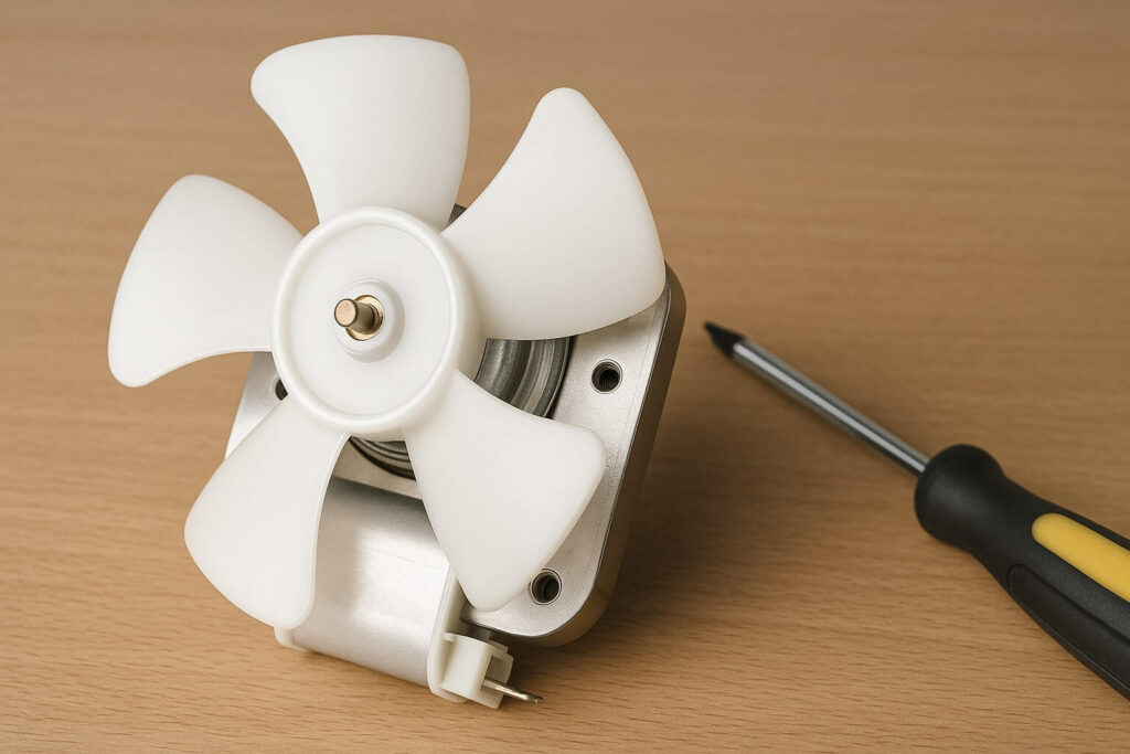 A new replacement fan motor for an LG refrigerator ready to be installed.