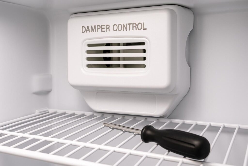 The location of the motorized air damper assembly at the top back of a refrigerator's fresh food compartment.