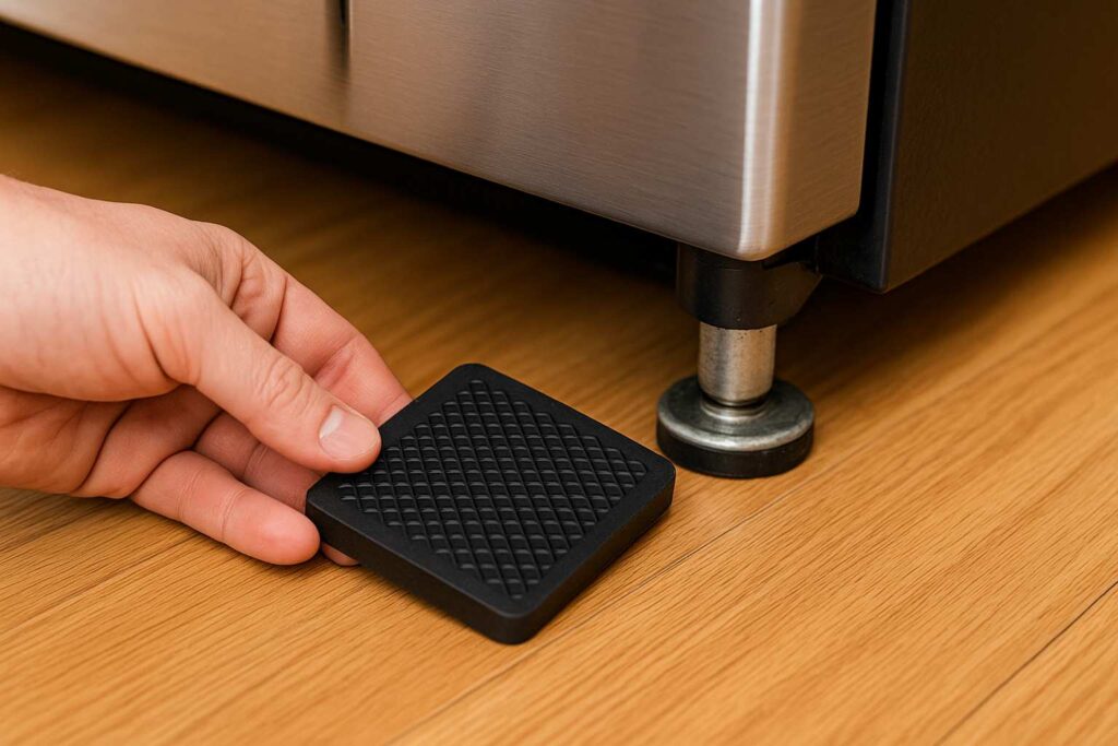 Installing rubber anti-vibration pads under refrigerator feet to quiet a noisy refrigerator.