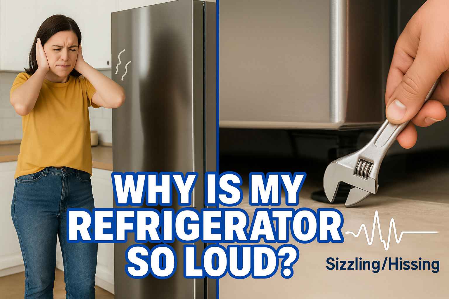 A split-screen blog thumbnail showing a refrigerator vibrating loudly on the left and a person adjusting leveling legs to fix a buzzing noise on the right, with the text overlay "WHY IS MY REFRIGERATOR SO LOUD?".