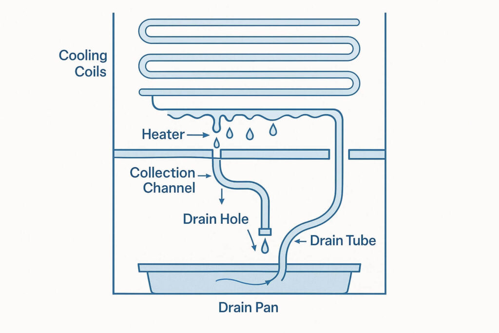 A simplified diagram illustrating the internal components of a refrigerator's defrost drain system, showing the flow of melted ice to the drain pan.
