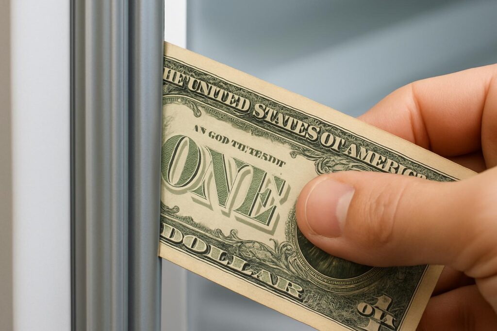 Performing the dollar bill test on a refrigerator door gasket to check for seal failure, which causes constant running.