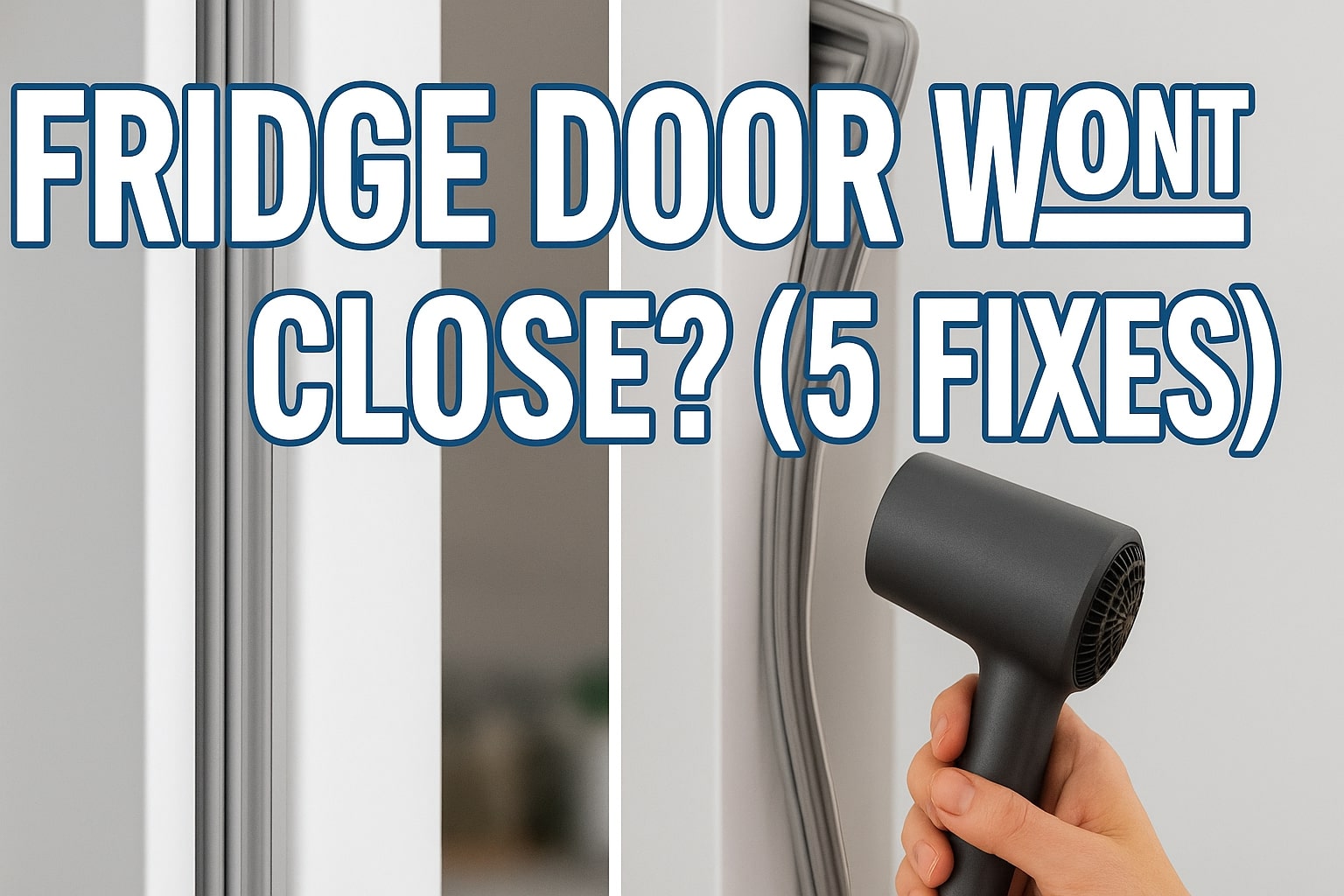 A split screen showing a refrigerator door gap and a hand fixing the gasket, with text "FRIDGE DOOR WON'T CLOSE? 5 FIXES".