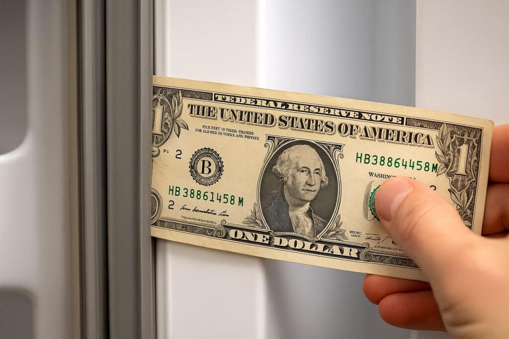 Performing the dollar bill test on a refrigerator door to check for gaps in the seal.