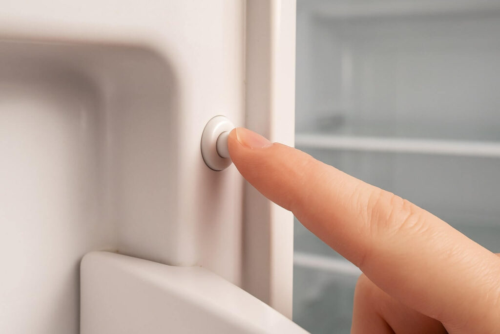 Locating and pressing the refrigerator door switch plunger to test why the light is not working.